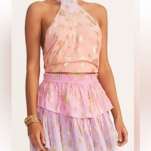 LoveShackFancy Boca Sunset Orange Gold Star Heart Backless Halter Top Size XS